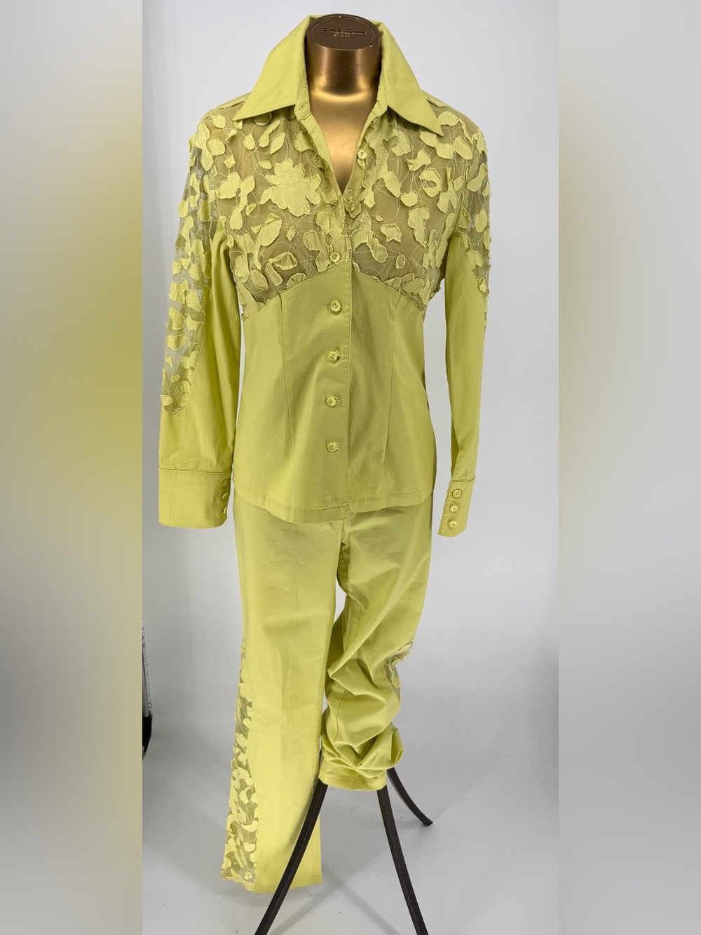 Verducci Women's Lime Green Floral Lace-Accent Pant Set Size Medium
